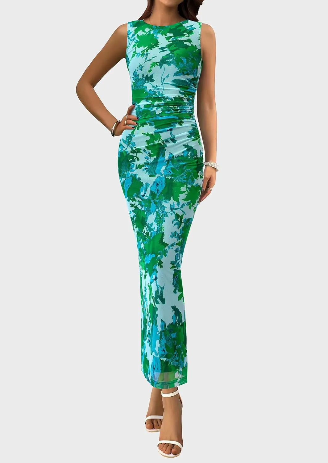 PRETTYGARDEN Wedding Guest Dresses for Women 2025 Summer Spring Floral Bodycon Sleeveless Mesh Maxi Long Dress