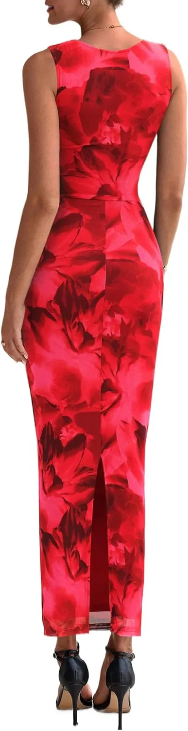 PRETTYGARDEN Wedding Guest Dresses for Women 2025 Summer Spring Floral Bodycon Sleeveless Mesh Maxi Long Dress