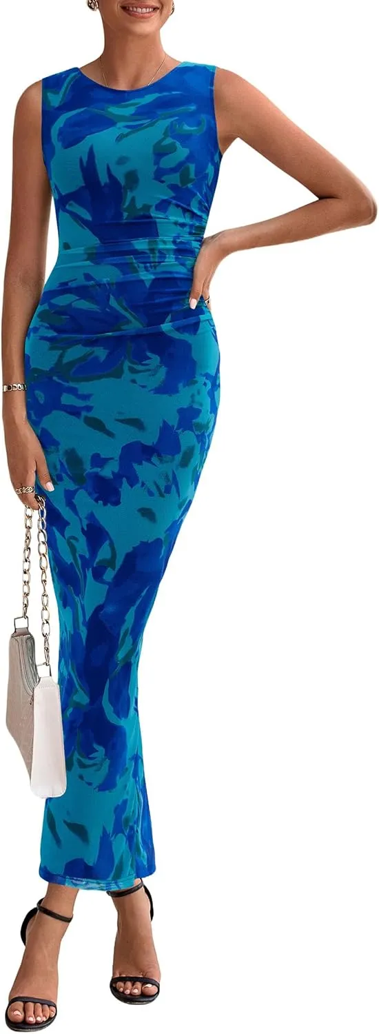 PRETTYGARDEN Wedding Guest Dresses for Women 2025 Summer Spring Floral Bodycon Sleeveless Mesh Maxi Long Dress