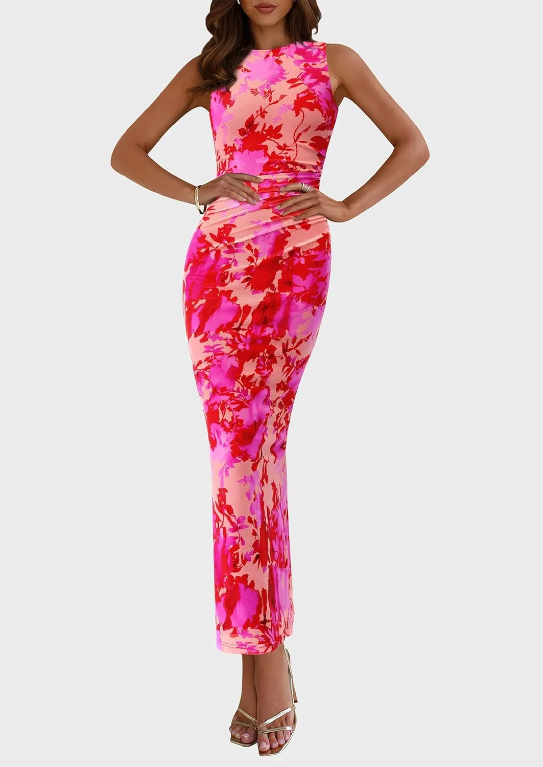 PRETTYGARDEN Wedding Guest Dresses for Women 2025 Summer Spring Floral Bodycon Sleeveless Mesh Maxi Long Dress