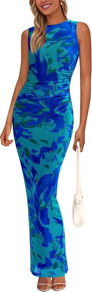 PRETTYGARDEN Wedding Guest Dresses for Women 2025 Summer Spring Floral Bodycon Sleeveless Mesh Maxi Long Dress