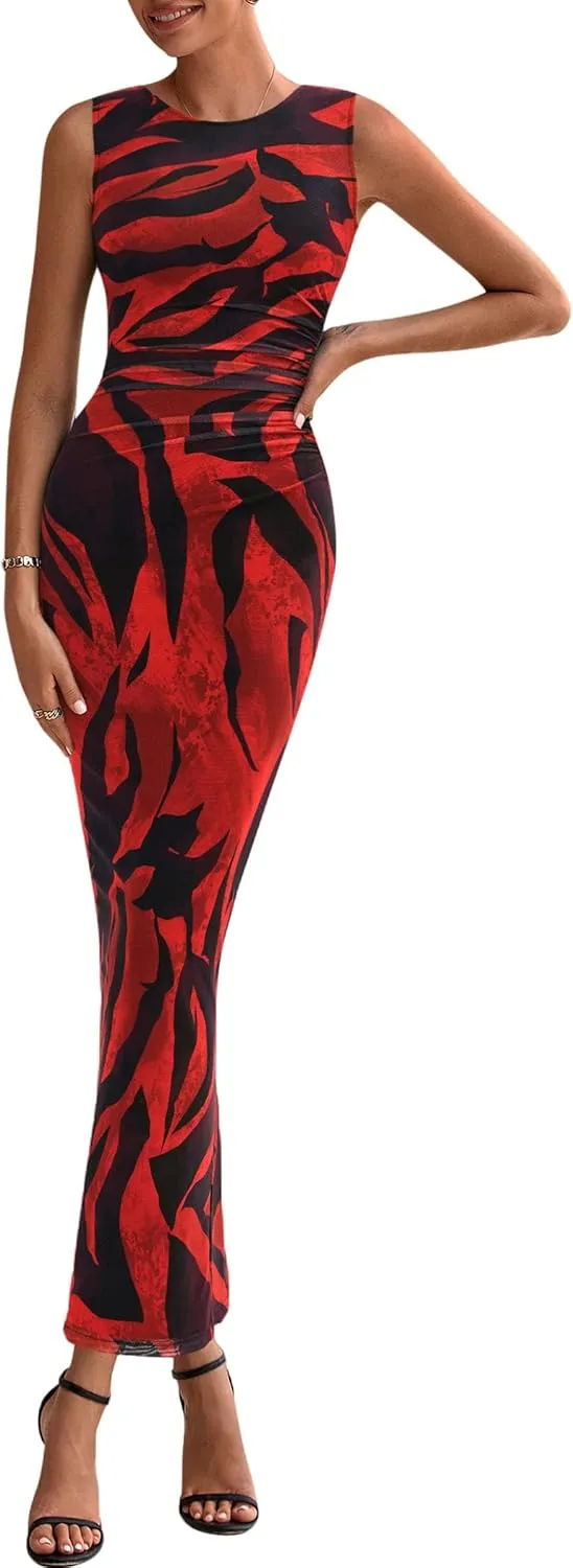 PRETTYGARDEN Wedding Guest Dresses for Women 2025 Summer Spring Floral Bodycon Sleeveless Mesh Maxi Long Dress