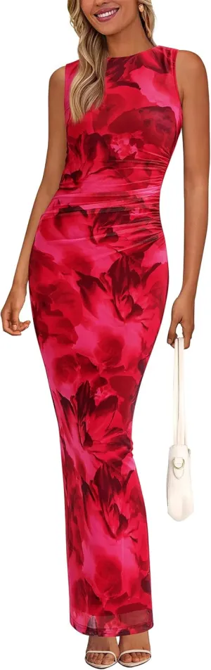 PRETTYGARDEN Wedding Guest Dresses for Women 2025 Summer Spring Floral Bodycon Sleeveless Mesh Maxi Long Dress