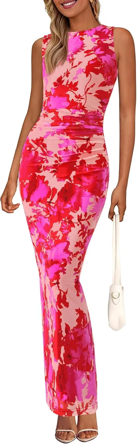 PRETTYGARDEN Wedding Guest Dresses for Women 2025 Summer Spring Floral Bodycon Sleeveless Mesh Maxi Long Dress