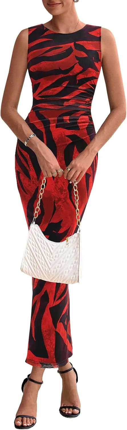 PRETTYGARDEN Wedding Guest Dresses for Women 2025 Summer Spring Floral Bodycon Sleeveless Mesh Maxi Long Dress