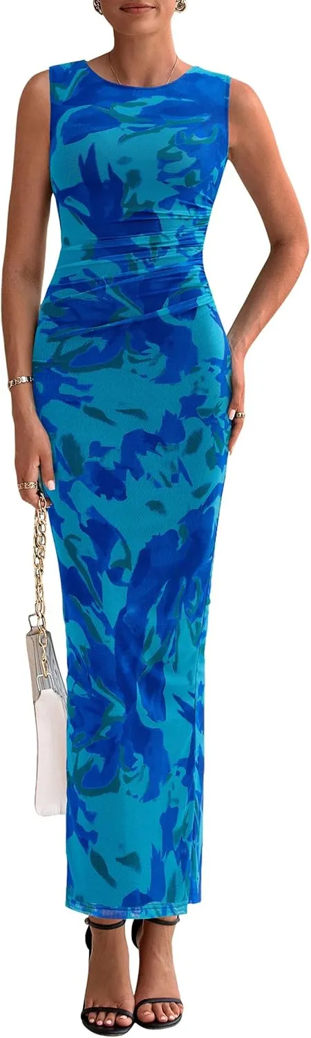 PRETTYGARDEN Wedding Guest Dresses for Women 2025 Summer Spring Floral Bodycon Sleeveless Mesh Maxi Long Dress