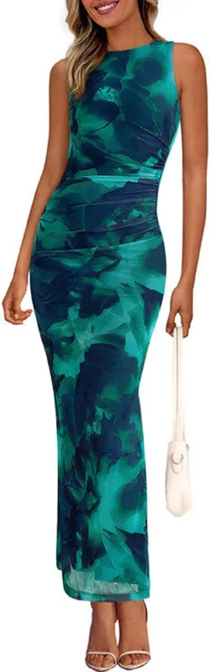 PRETTYGARDEN Wedding Guest Dresses for Women 2025 Summer Spring Floral Bodycon Sleeveless Mesh Maxi Long Dress