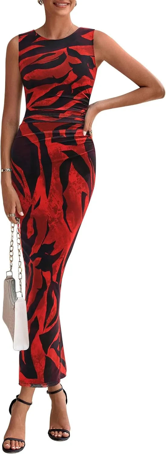 PRETTYGARDEN Wedding Guest Dresses for Women 2025 Summer Spring Floral Bodycon Sleeveless Mesh Maxi Long Dress