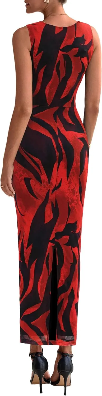 PRETTYGARDEN Wedding Guest Dresses for Women 2025 Summer Spring Floral Bodycon Sleeveless Mesh Maxi Long Dress