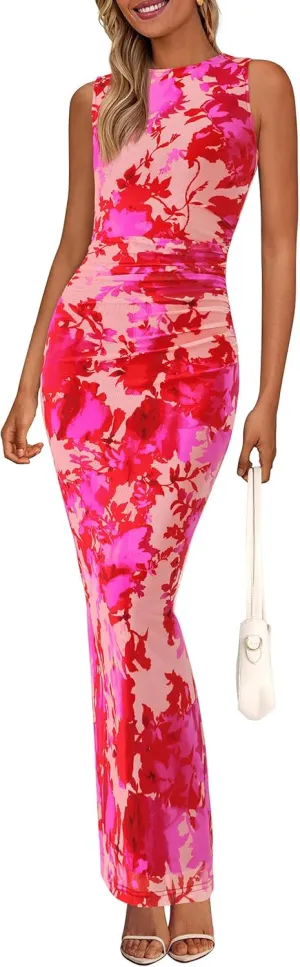 PRETTYGARDEN Wedding Guest Dresses for Women 2025 Summer Spring Floral Bodycon Sleeveless Mesh Maxi Long Dress