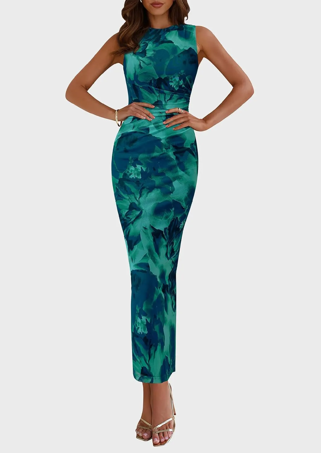 PRETTYGARDEN Wedding Guest Dresses for Women 2025 Summer Spring Floral Bodycon Sleeveless Mesh Maxi Long Dress