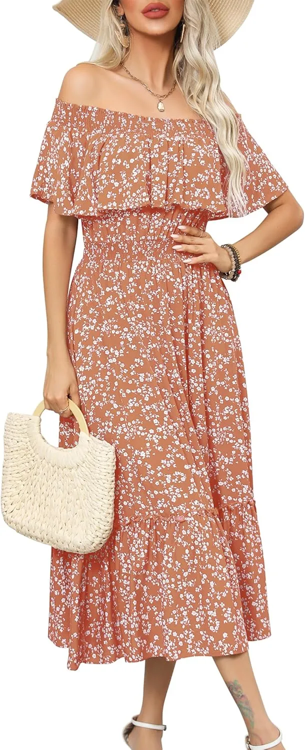 Prettywear Women's 2025 Spring Summer Boho Off Shoulder Midi Dress Floral Short Sleeve A Line Casual Beach Vacation Dresses