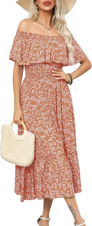 Prettywear Women's 2025 Spring Summer Boho Off Shoulder Midi Dress Floral Short Sleeve A Line Casual Beach Vacation Dresses