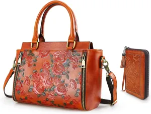 Purse and Handbags for Women Leather Shoulder Hand Bags Tote Handle Medium Satchel Vintage Embossing Rose and Women’s Wallet Large Capacity Credit Card Clutch With Detachable Hand Strap Brown