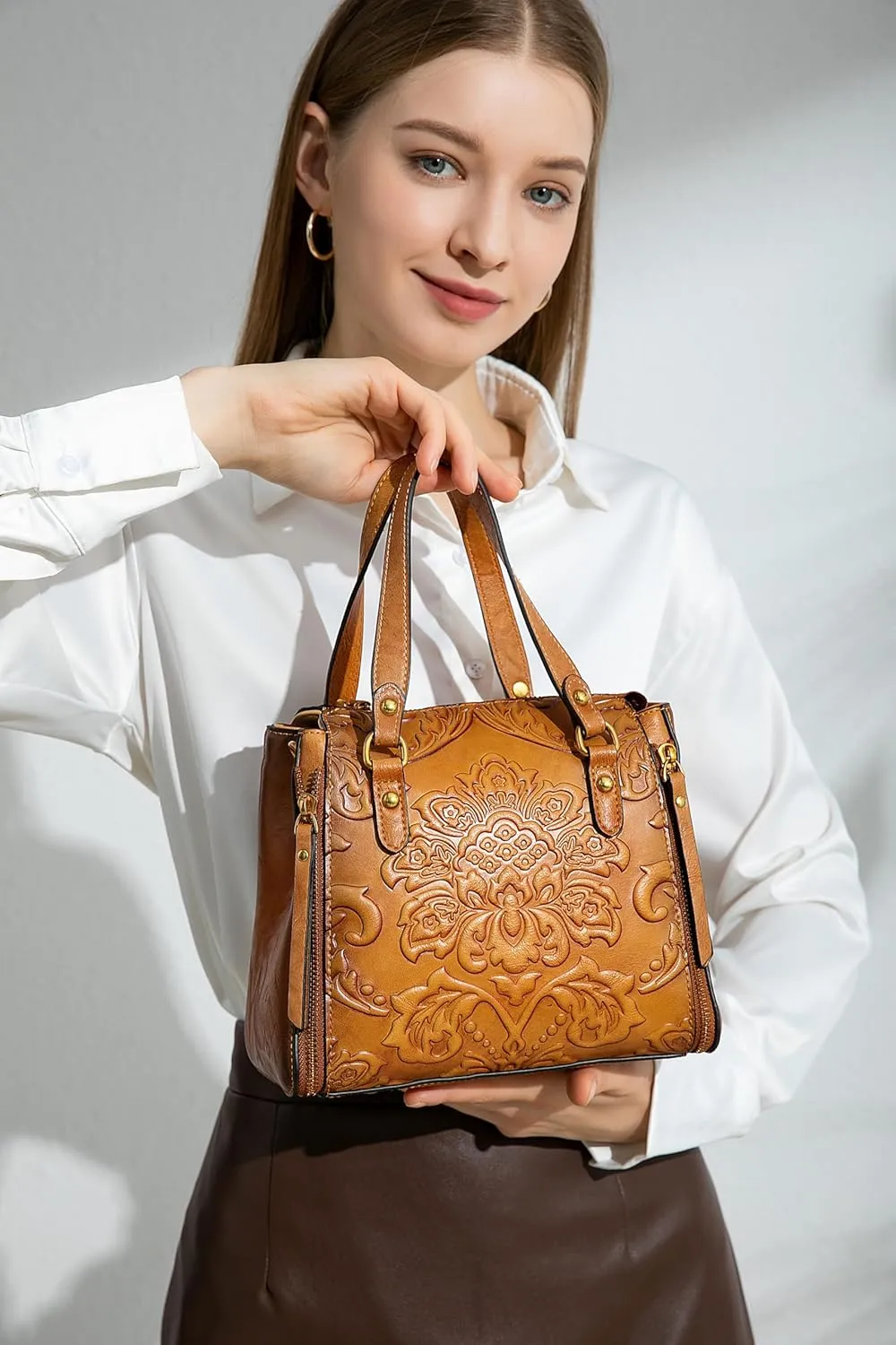 Purse and Handbags for Women Leather Shoulder Tote Handle Medium Satchel Vintage Embossing Rose