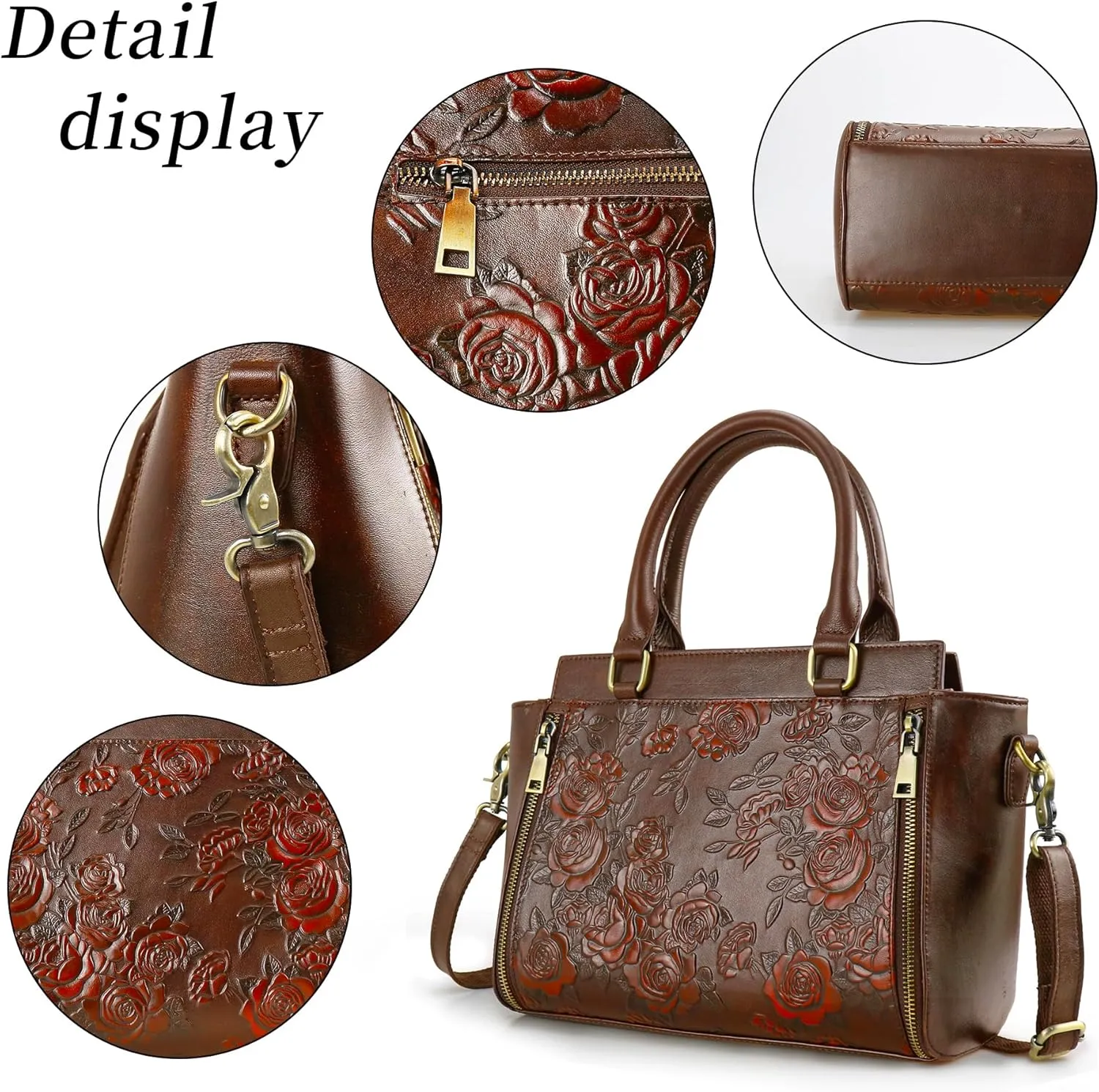 Purse and Handbags for Women Leather Shoulder Tote Handle Medium Satchel Vintage Embossing Rose