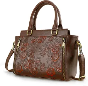 Purse and Handbags for Women Leather Shoulder Tote Handle Medium Satchel Vintage Embossing Rose
