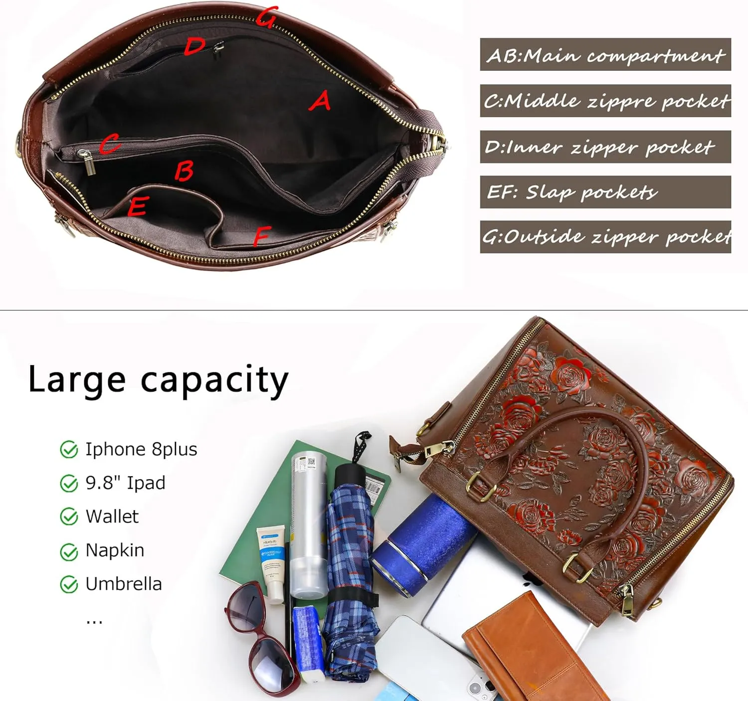 Purse and Handbags for Women Leather Shoulder Tote Handle Medium Satchel Vintage Embossing Rose