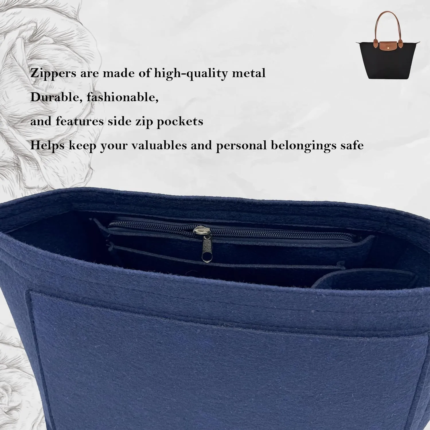 Purse Organizer Insert, Bag Organizer for Le Pliage, Handbags Organizer Insert (Dark Blue, Small)
