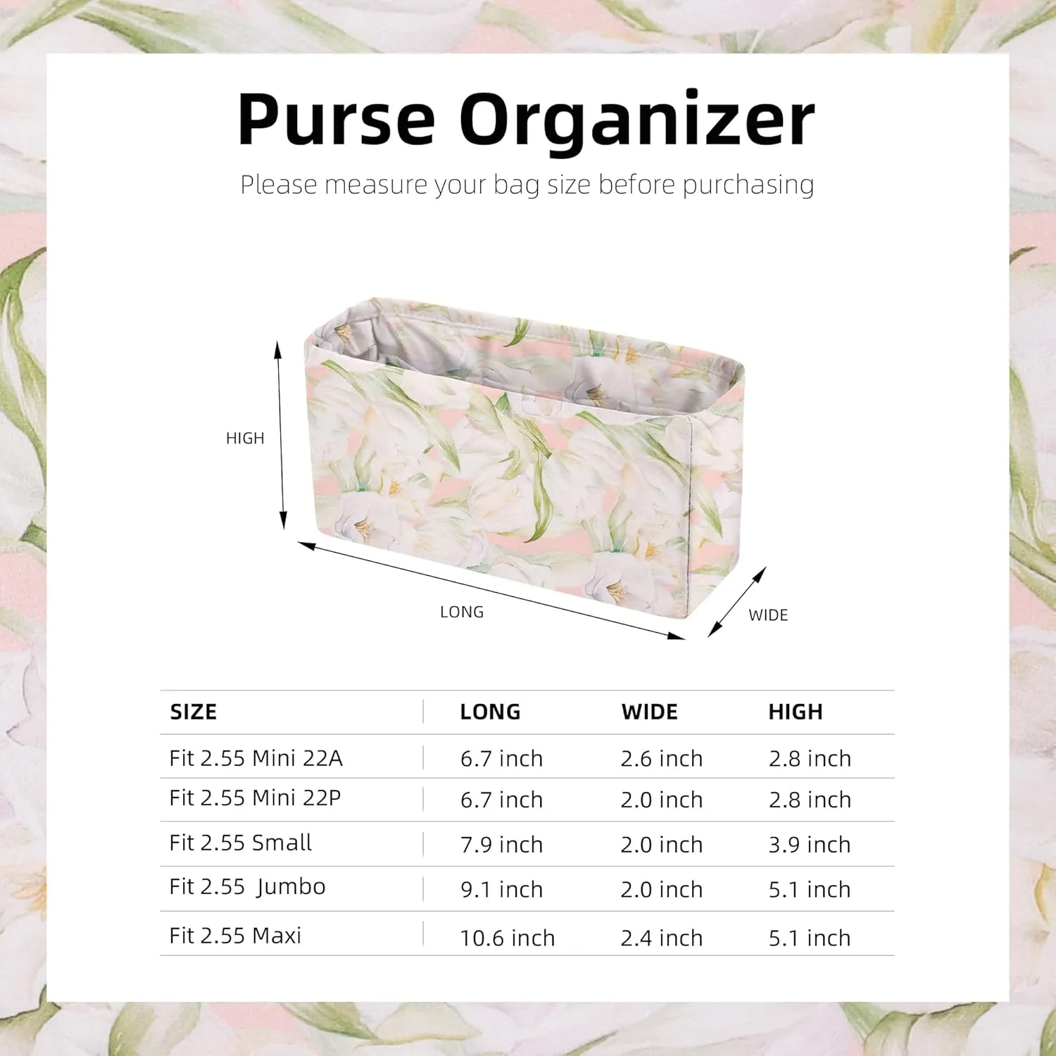Purse Organizer Insert For 2.55 Reissue Bags, Lightweight Bag Shaper Liner, Soft Women Luxury Handbag Tote Inner Bag(Small,French Tulips)