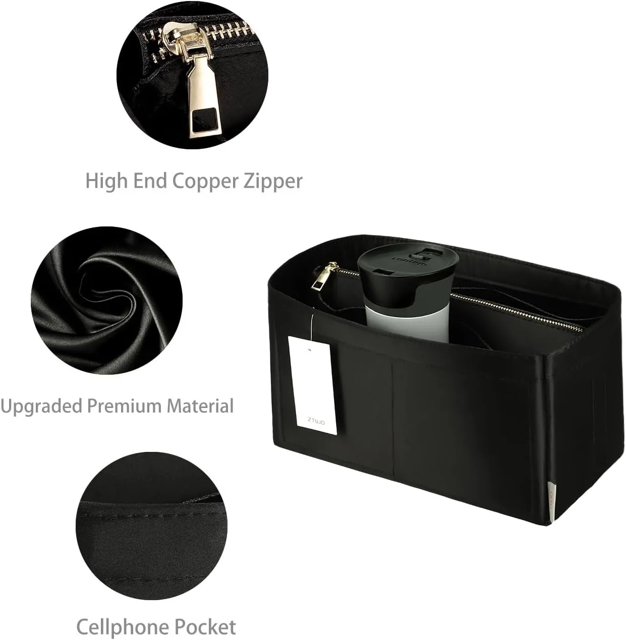 Purse Organizer Insert For Handbags, Purse Organizer With Zipper, Neverfull Organizer, Bag Organizer For Speedy Neverfull ONTHEGO Tote, Handbag and More (Silky Black, Mini)