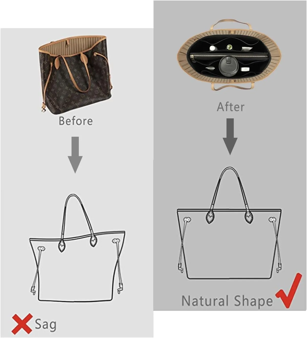 Purse Organizer Insert For Handbags, Purse Organizer With Zipper, Neverfull Organizer, Bag Organizer For Speedy Neverfull ONTHEGO Tote, Handbag and More (Silky Black, Mini)