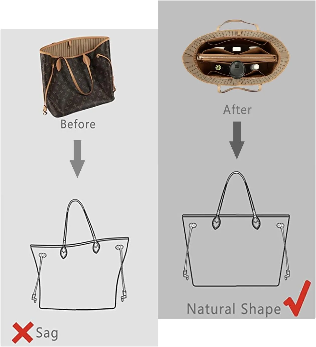 Purse Organizer Insert For Handbags, Purse Organizer With Zipper, Neverfull Organizer, Bag Organizer For Speedy Neverfull ONTHEGO Tote, Handbag and More (Silky Brown, Large)