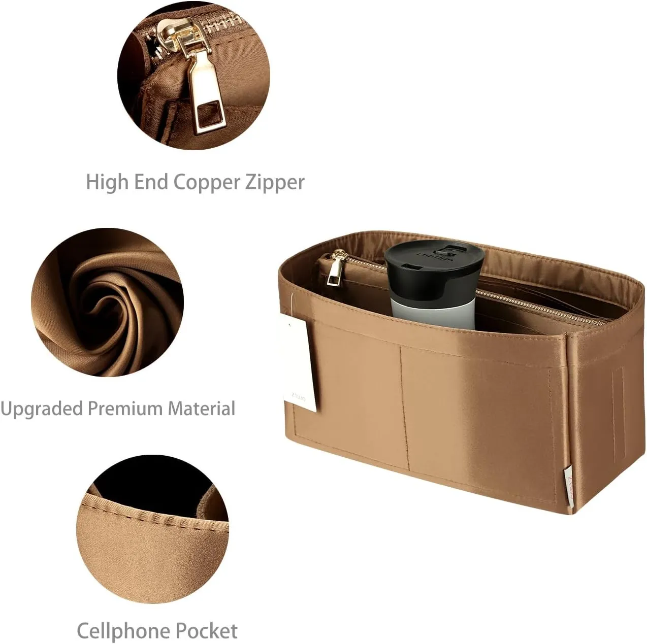 Purse Organizer Insert For Handbags, Purse Organizer With Zipper, Neverfull Organizer, Bag Organizer For Speedy Neverfull ONTHEGO Tote, Handbag and More (Silky Brown, Large)