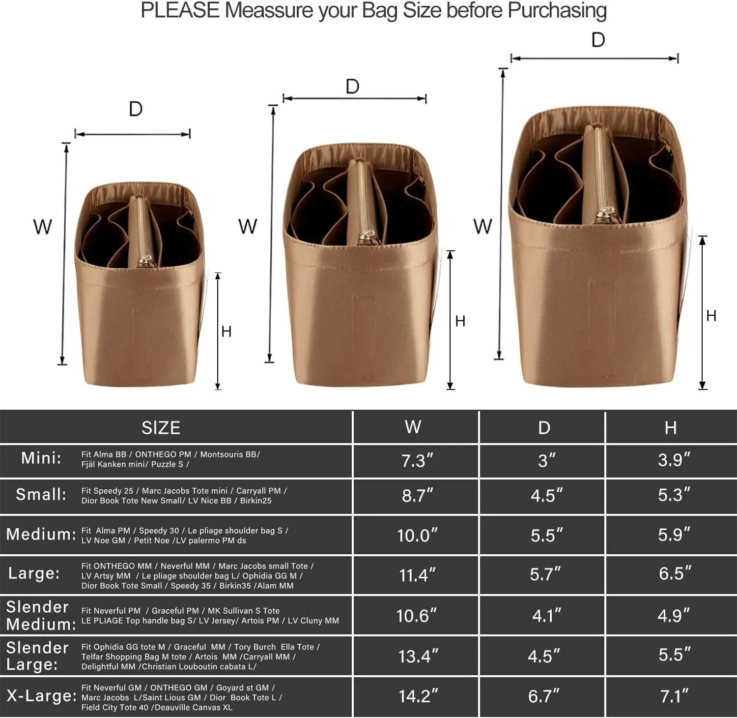 Purse Organizer Insert For Handbags, Purse Organizer With Zipper, Neverfull Organizer, Bag Organizer For Speedy Neverfull ONTHEGO Tote, Handbag and More (Silky Brown, Large)