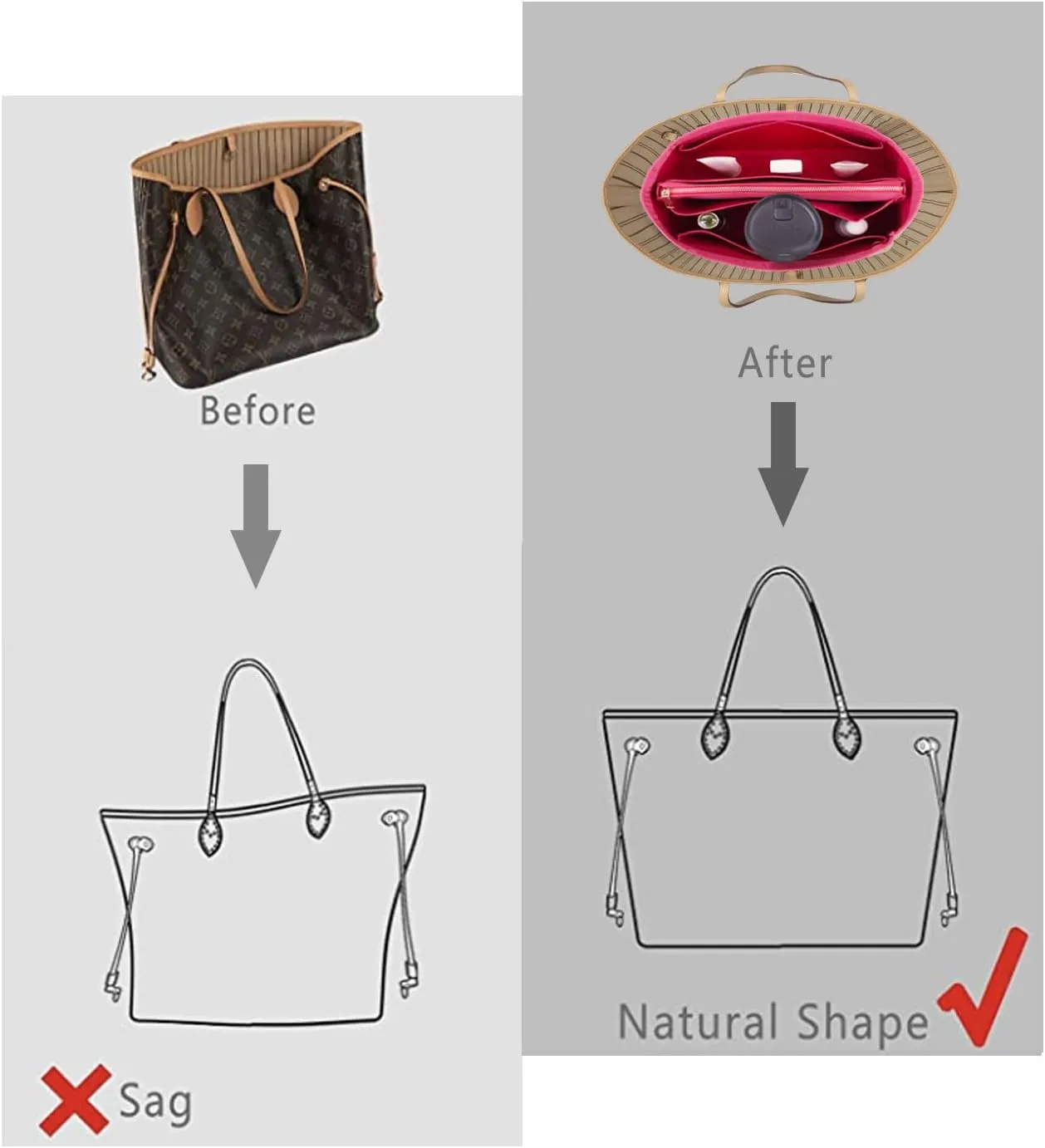 Purse Organizer Insert For Handbags, Purse Organizer With Zipper, Neverfull Organizer, Bag Organizer For Speedy Neverfull ONTHEGO Tote, Handbag and More (Silky Rosy, small)