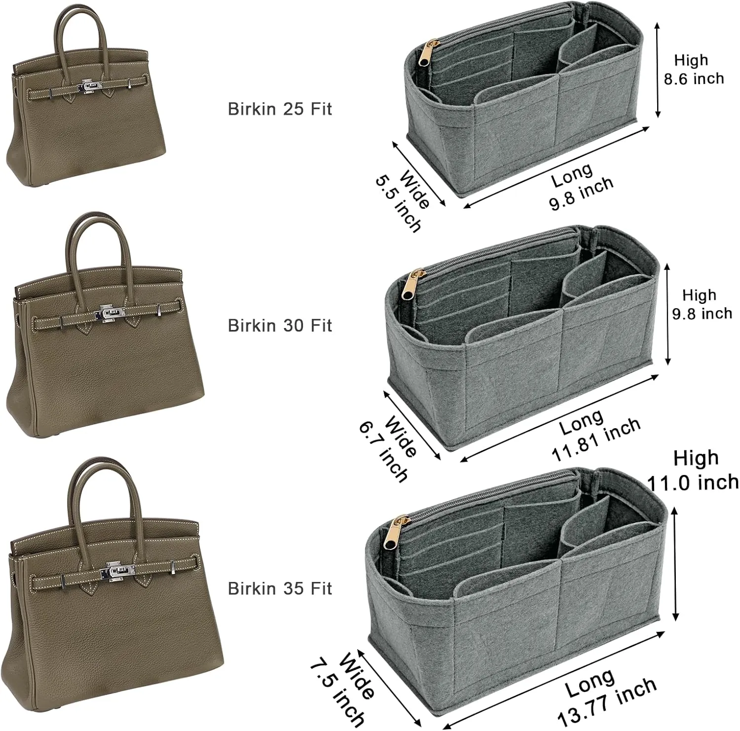 Purse Organizer Insert for Hermes Birkin 30 Bag Felt Organizer Insert (Grey,M)