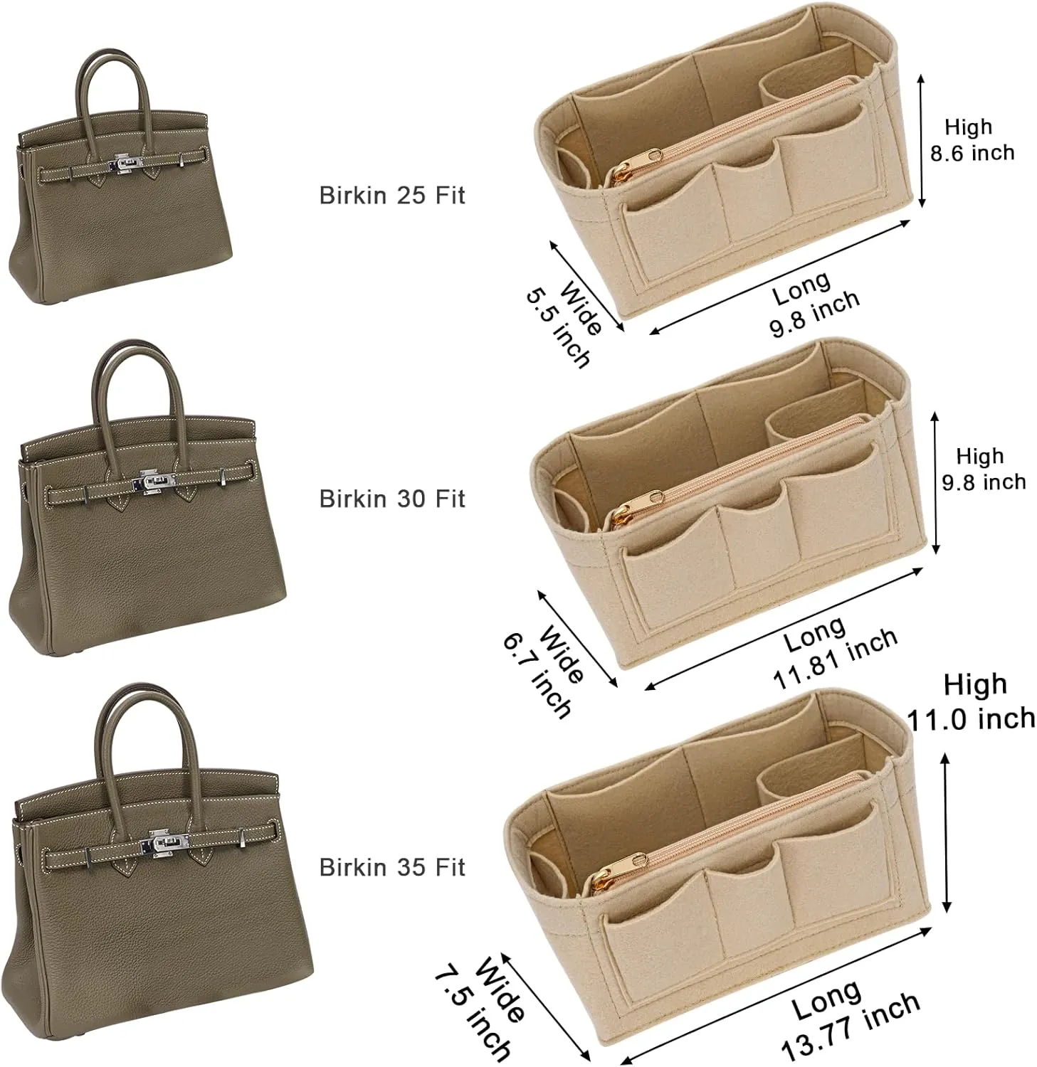 Purse Organizer Insert for Hermes Birkin 30 Bag Felt Zipper Organizer Insert (Beige,M)
