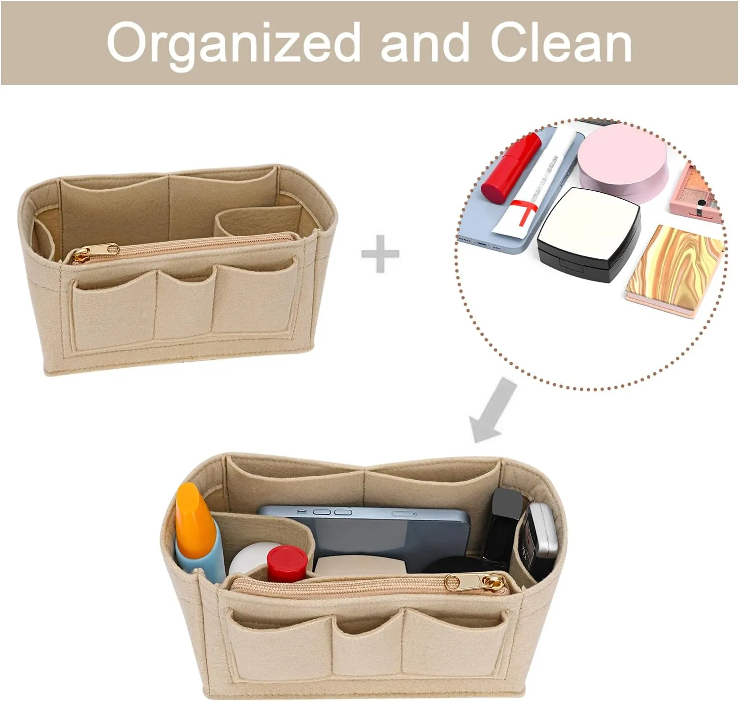 Purse Organizer Insert for Hermes Birkin 30 Bag Felt Zipper Organizer Insert (Beige,M)