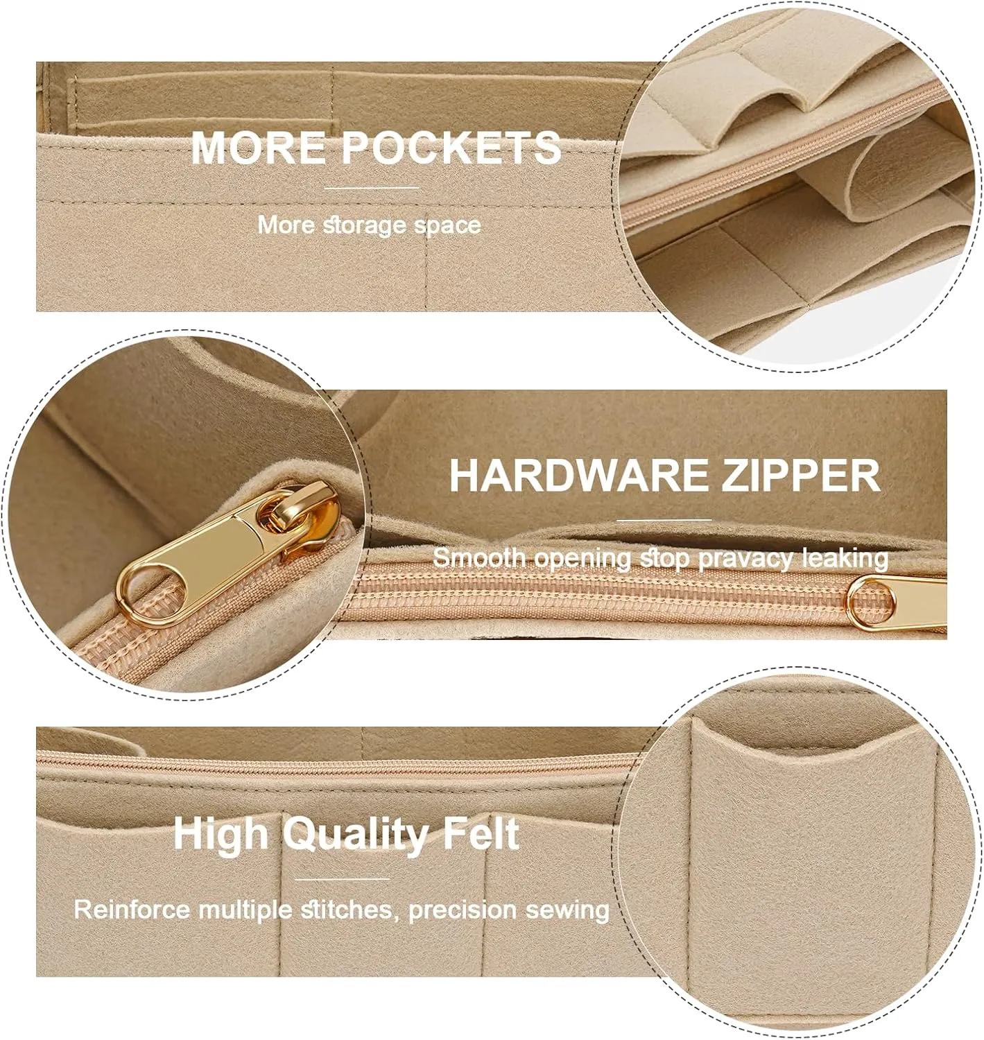 Purse Organizer Insert for Hermes Birkin 30 Bag Felt Zipper Organizer Insert (Beige,M)