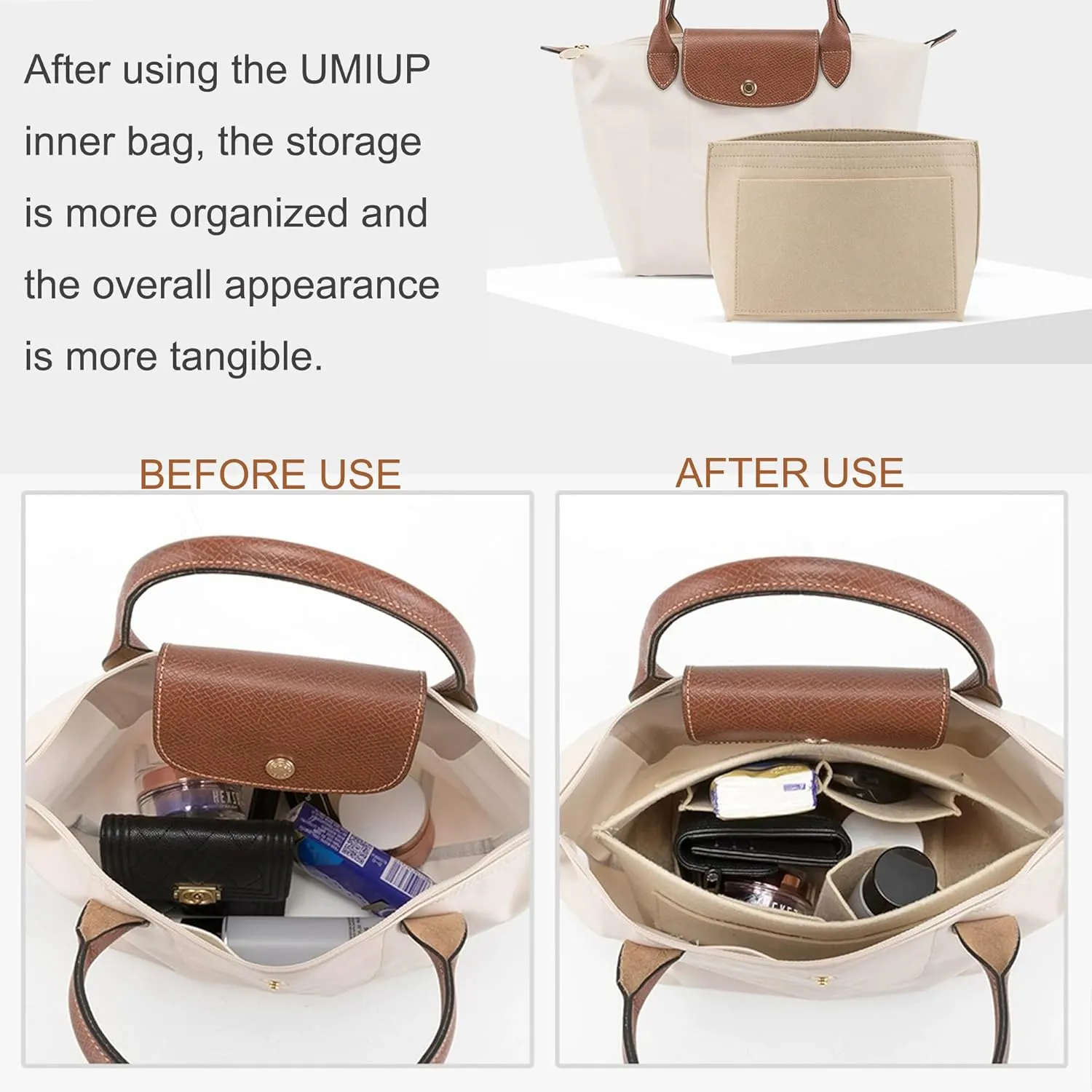 Purse Organizer Insert for Longchamp Le Pliage Tote, Handbag Organizer with Cup Holder, Compatible with LE PLIAGE Tote Handbags Large/Small,LE PLIAGE Top Handle S/M (Beige, L/11 * 9.84 * 6.7in)