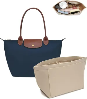 Purse Organizer Insert for Longchamp Le Pliage Tote, Handbag Organizer with Cup Holder, Compatible with LE PLIAGE Tote Handbags Large/Small,LE PLIAGE Top Handle S/M (Beige, L/11 * 9.84 * 6.7in)