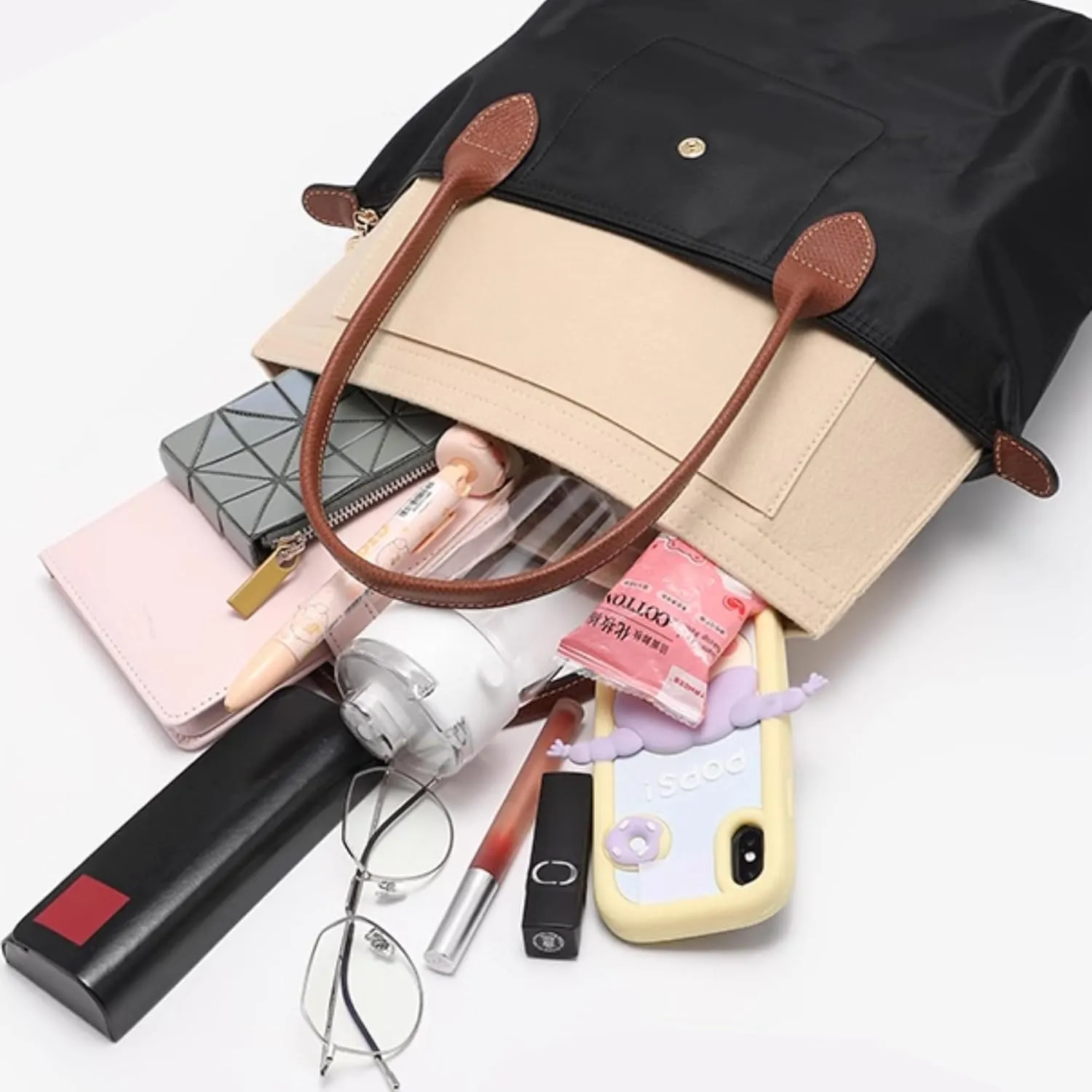 Purse Organizer Insert for Longchamp Le Pliage Tote, Handbag Organizer with Cup Holder, Compatible with LE PLIAGE Tote Handbags Large/Small,LE PLIAGE Top Handle S/M (Beige, L/11 * 9.84 * 6.7in)