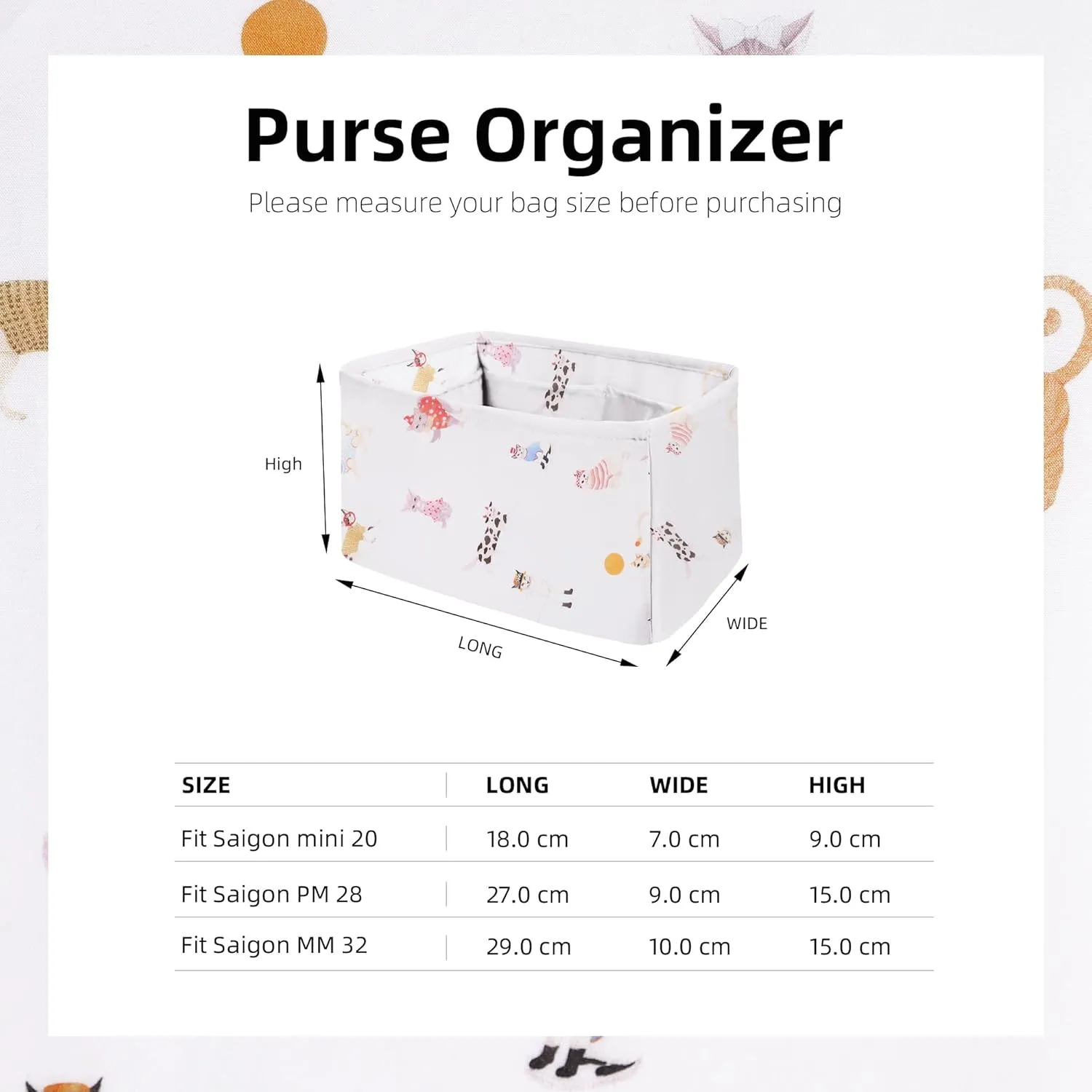 Purse Organizer Insert For Saigon mini/PM/MM Bags, Lightweight Bag Shaper, Soft Women Luxury Handbag Tote Inner Bag (Saigon mini 20,Cat Paradise)