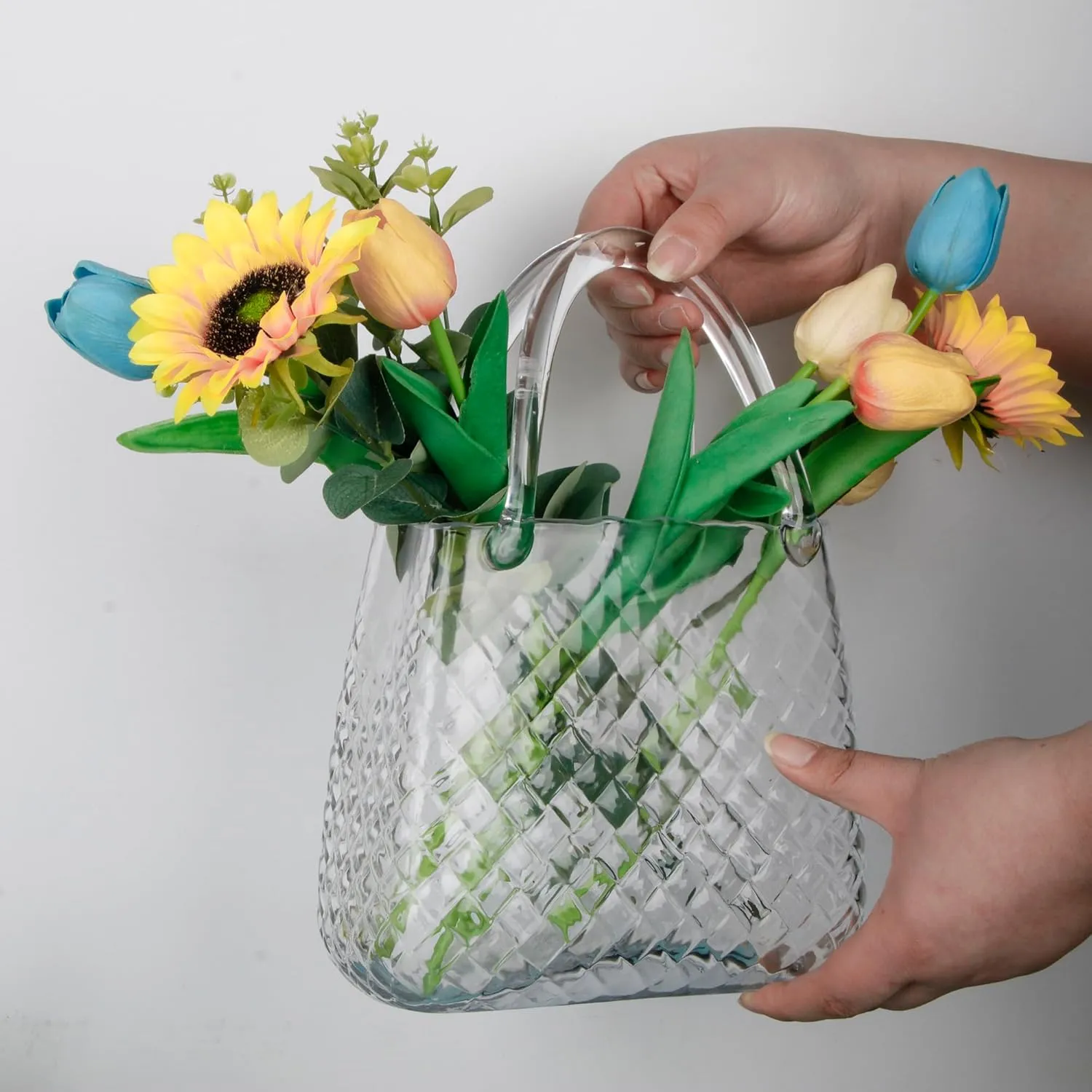 Purse vase for Flowers Glass Bag vase -11 Inches- Clear vase for Centerpieces & Fish Bowl - Handbag Glass Flower vase Decorative Purse vase for Home Décor