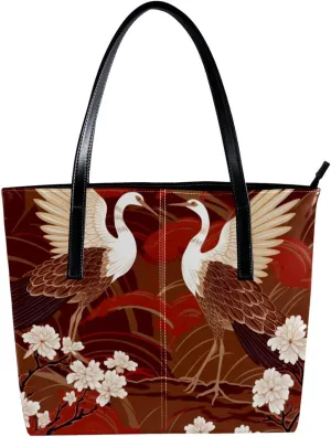 Purses for Women,Tote Bag Aesthetic,Women's Tote Handbags,Crane with Floral Red Background