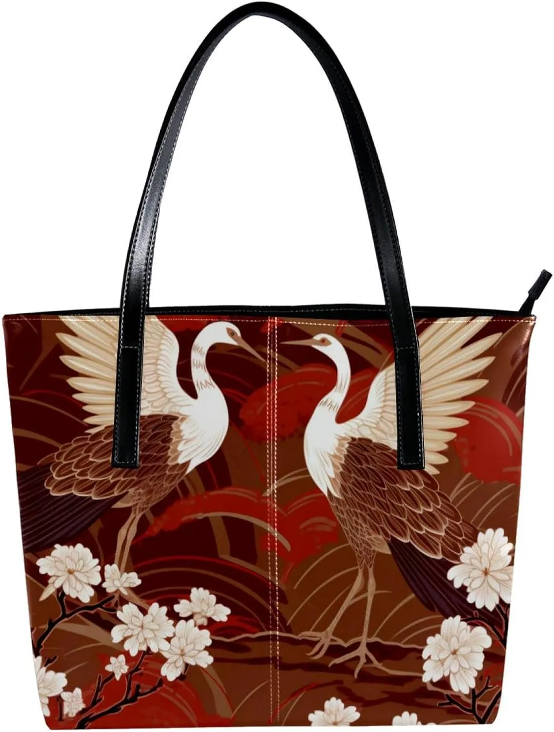 Purses for Women,Tote Bag Aesthetic,Women's Tote Handbags,Crane with Floral Red Background