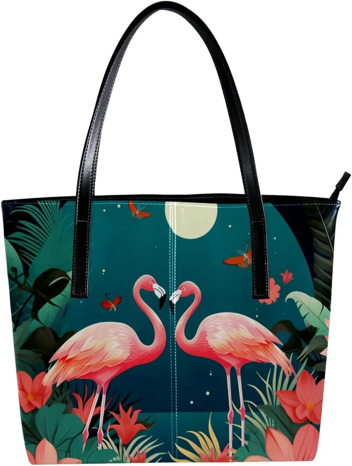Purses for Women,Tote Bag Aesthetic,Women's Tote Handbags,Floral Flamingos Jungle Moon