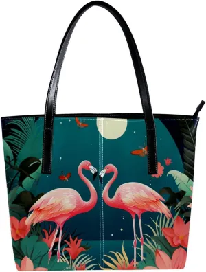 Purses for Women,Tote Bag Aesthetic,Women's Tote Handbags,Floral Flamingos Jungle Moon