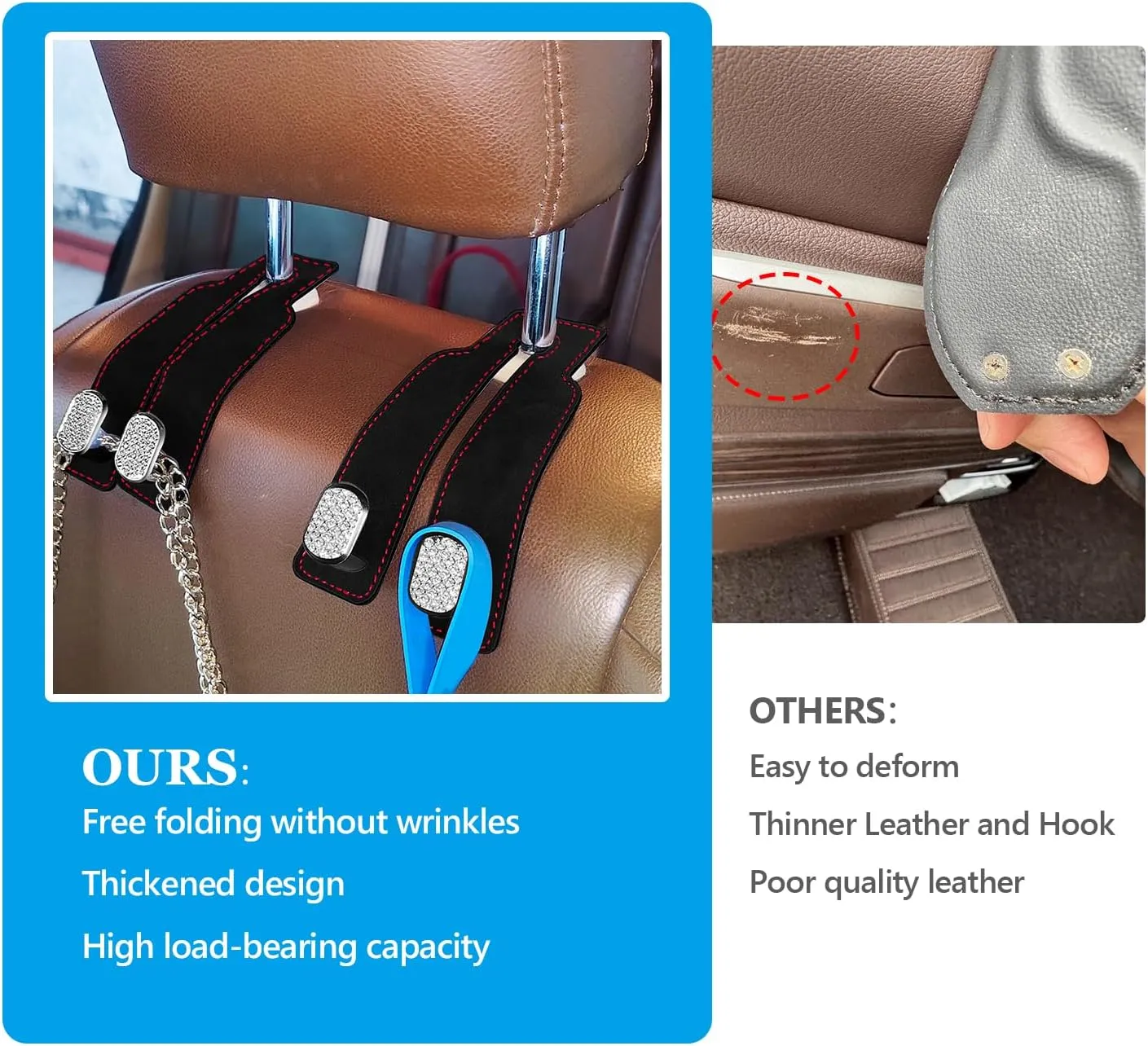 QBUC 2PCS Bling Headrest Hooks for Car,Universal Car Seat Back Storage Headrest Hook for Purse and Bag, Purse Hook for Backseat Organizer, Women Car Accessries Organization(Gray)