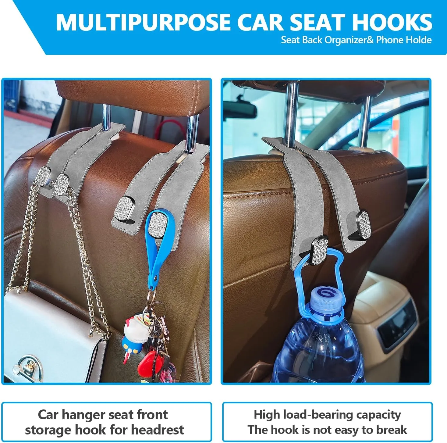 QBUC 2PCS Bling Headrest Hooks for Car,Universal Car Seat Back Storage Headrest Hook for Purse and Bag, Purse Hook for Backseat Organizer, Women Car Accessries Organization(Gray)