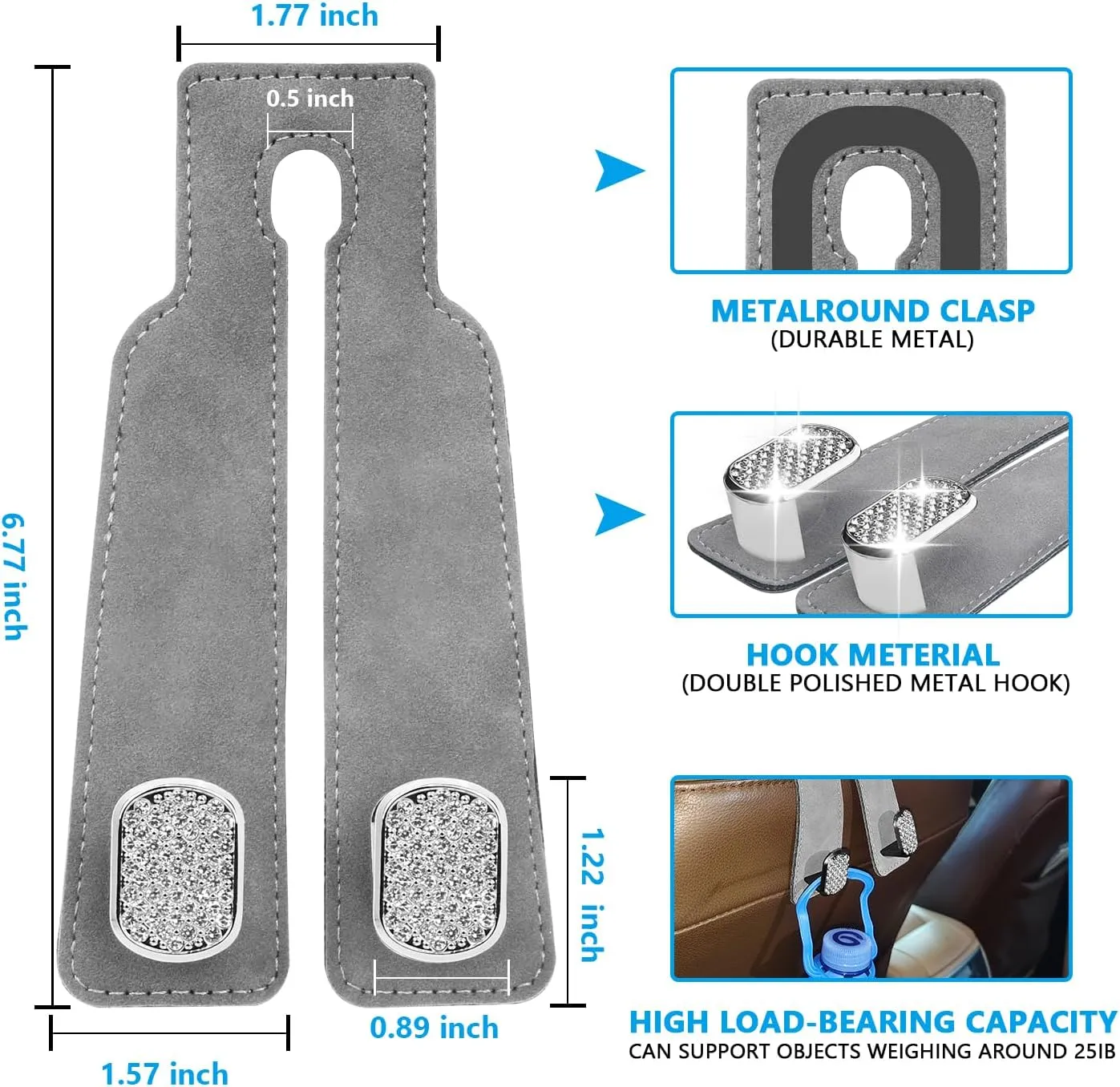 QBUC 2PCS Bling Headrest Hooks for Car,Universal Car Seat Back Storage Headrest Hook for Purse and Bag, Purse Hook for Backseat Organizer, Women Car Accessries Organization(Gray)