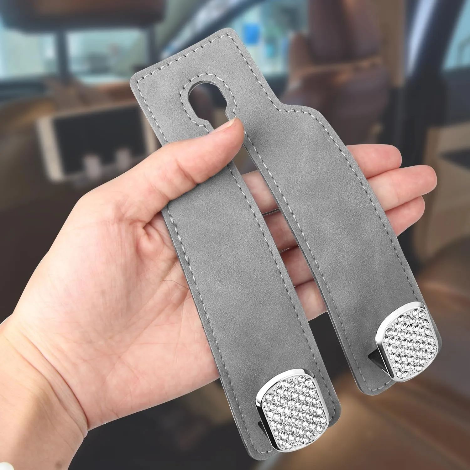 QBUC 2PCS Bling Headrest Hooks for Car,Universal Car Seat Back Storage Headrest Hook for Purse and Bag, Purse Hook for Backseat Organizer, Women Car Accessries Organization(Gray)