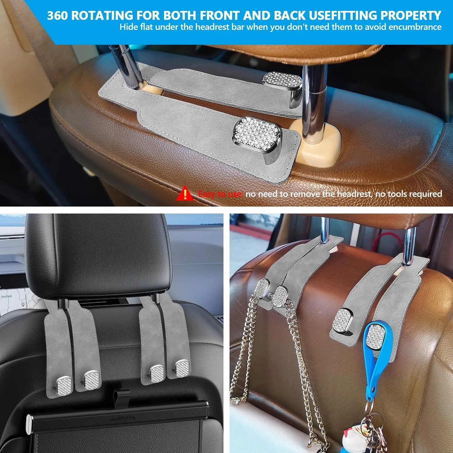QBUC 2PCS Bling Headrest Hooks for Car,Universal Car Seat Back Storage Headrest Hook for Purse and Bag, Purse Hook for Backseat Organizer, Women Car Accessries Organization(Gray)
