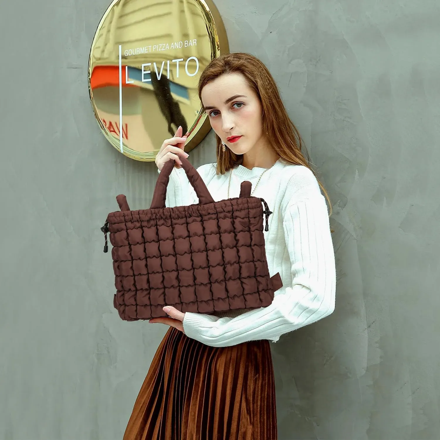 Queenoris Quilted Puffer Work Tote Bag for Women, Large Lightweight Carryall Shoulder Bag with Zipper Crossbody Bag