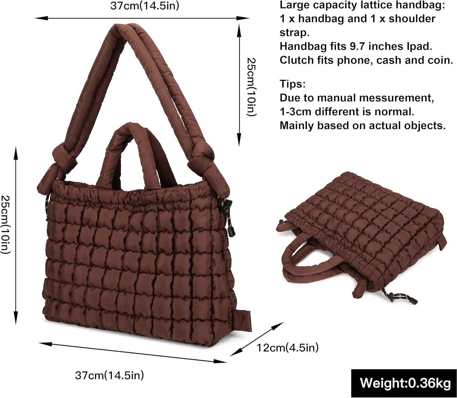 Queenoris Quilted Puffer Work Tote Bag for Women, Large Lightweight Carryall Shoulder Bag with Zipper Crossbody Bag